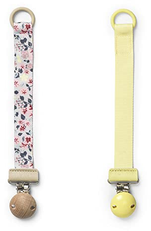 Elodie Details Schnullerkette 2er Pack, aus Stoff und Holz Clip, Universal Silikonring, Passend für Alle Schnuller, Skandinavisches Design - Floating Flowers/Sunny Day Yellow