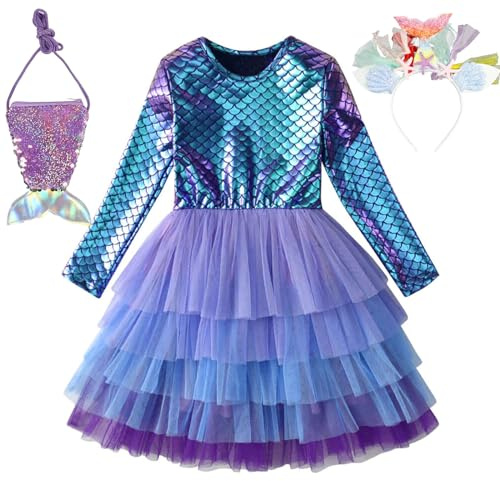 Meerjungfrau Kostüm Mädchen,Meerjungfrau Prinzessin Arielle Kostüm Kleid Lange Ärmel mit Stirnbänder und Schulranzen,Arielle kostüm kinder für Halloween Karneval Cosplay Party