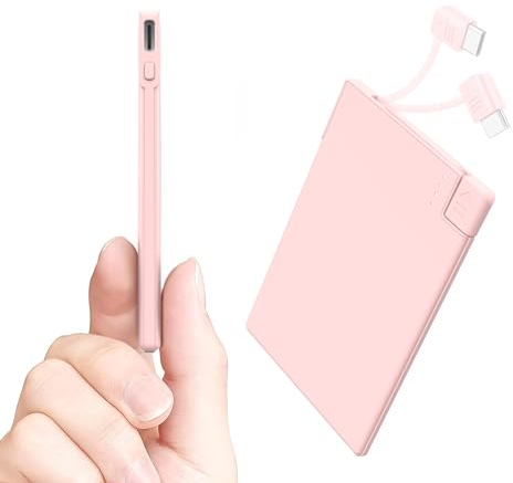 TNTOR - 2500mAh Powerbank, Super Ultra Dünn Design [nur 4 mm] Built In TYP-C Kable Mini Power Bank Ladegerät, Kompatibel mit iPhone 15, Samsuang, Xiaomi etc- Rosa