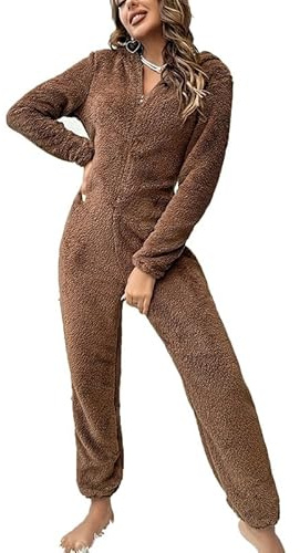 Womens Brown Fuzzy Jumpsuit Fleece Fluffy Pajamas Overalls Plush Sleepwear Hooded Playsuit