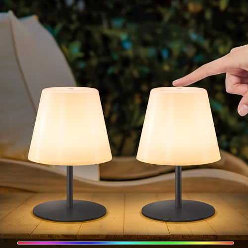 NiceBuy LED Tischlampe Akku 2er Set Touch Dimmbar Warmweiß/RGB USB-C Aufladbar Tischleuchte kabellos Mini Klein IP44 für Wohnzimmer Balkon Patio Terrasse (Schwarz)