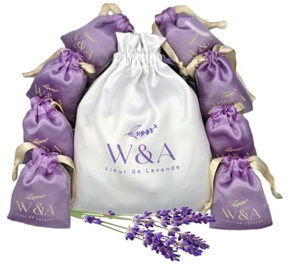 Bolsitas de Lavanda Perfumada en Satén (8 u) para Armario | Antipolilla Natural | Lavanda Francesa de Provenza | Caja Regalo + Bolsa Reutilizable – 120 g (Violeta&Blanco)