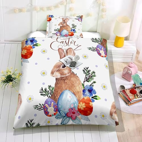 Hiseng Bettwäsche-Sets Kinder Bettwäsche Set mit Kissenbezug, Kuschel Bettwäsche mit Reißverschluss, 3D Ostern Bettbezug für Mädchen und Jungen (135x200cm,Häschen)