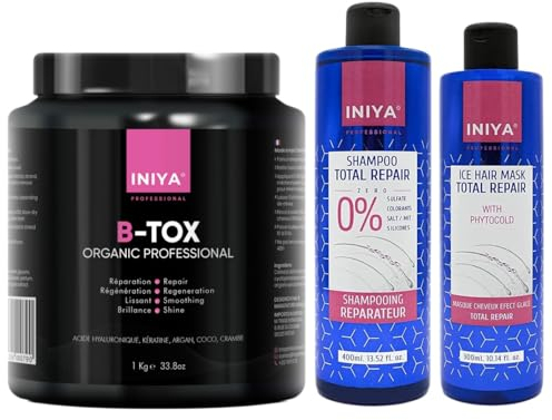 B-Tox Capillaire Professionnel Sans Formol 1kg | Acide Hyaluronique, Kératine, Argan, Coco | B-Tox Organic Iniya Professional Lissant & Effet Miroir | Kit Shampooing & Soin Réparation Sans Sulfate