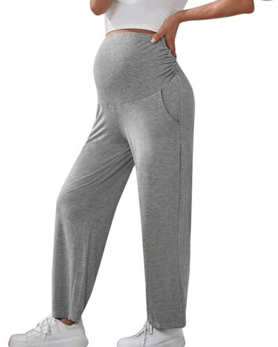 Pantalon de maternité pour femme - Pantalon long décontracté avec poches - Pantalon pour femme enceinte - Pantalon de yoga - Pantalon de sport ample - Pyjama de grossesse - Pantalon de jogging, gris,