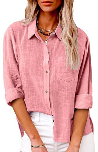 ZGIDDAZ Chemisiers Et Blouses Femme Coton Et Lin Blouse Femme Uni Col V Chemise A Carreaux Femme Manche Longue Chemisier Vichy Femme Boton Chemise À Fleurs Hawaïenne Femme Mode Rose M