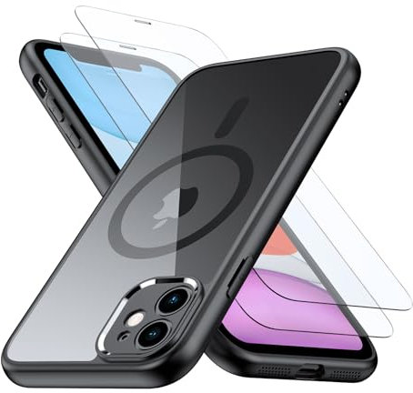 Bimanpap Cover Magnetica per iPhone 11，Comaptibile con Magsafe, [con 2 Pellicola Vetro Temperato] Custodia con Magneti, trasparente Posteriore Sottile Antiurto Protettiva Case (Nero)