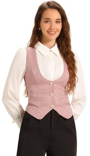 Allegra K Gilet Vintage Femme Boutonné Steampunk Jacquard Sans Manches Costume Gilet Costume femme Rose XL