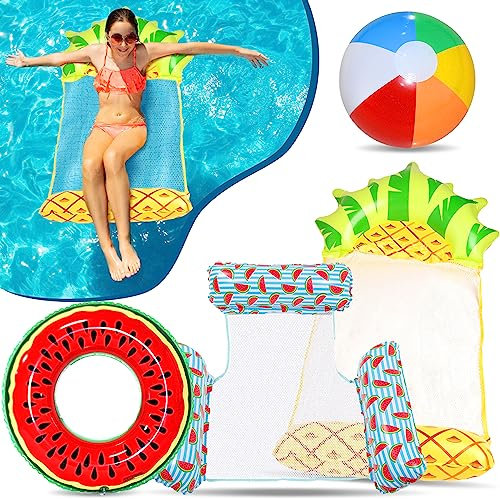 Edmirfun 4 Packs Inflatable Pool Float Set with 2 Water Hammock, Swimming Ring, Beach Ball, Portable Floating Bed Lounge Chair, Perfect for Summer Pool Party Decorations,Summer Gift For Kids