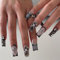 24pcs Long Square French Tip Press-on Nails - Black Ombre Gothic 3D Cross Fake Nails With Silver Star - Removable Glue-on Halloween Punk Nail Art Accessories for Women