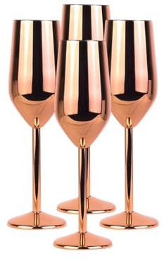 Laurie's Pub and Bar Accessories Set of 4 Stainless Steel Brushed Rose Gold/Copper Champagne Glasses | 220ml | Unbreakable Champagne Flutes