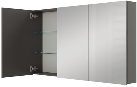 Planetmöbel ARIA Spiegelschrank Bad 120 cm breit | Badschrank hängend mit Spiegel | Anthrazit, ohne Leuchte und Steckdose, Spiegelschrank Gäste WC 120 x 70 x 16 cm