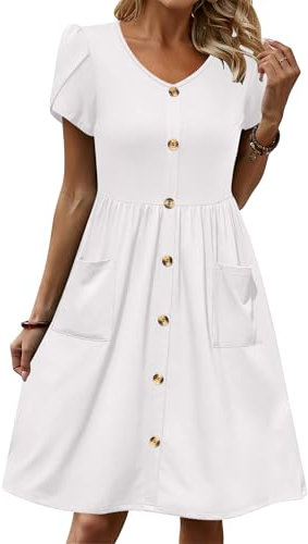 Zeagoo Damen Kleider Elegant V-Ausschnitt Kurzarm Kleider Lässiges Einfarbig Midikleid Sommer A-Linie Swing Freizeitkleider mit Taschen Weiß L