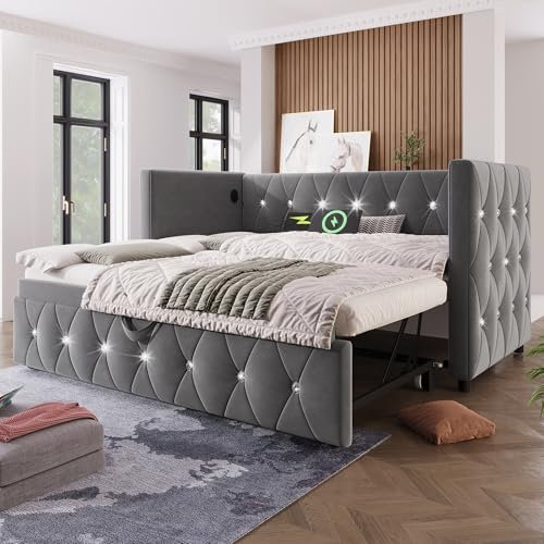 BTM Daybed with Trundle, Pull Out Bed with USB &Type C Charging Sations, Upholstered Single Bed with Trundle, Velvet Single Sofa Bed, 3FT-90x190cm, Grey, No Mattress