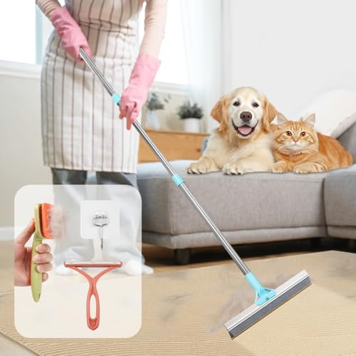 neatevday 2 in 1 Carpet Rake for Pet Hair Removal with 54 Adjustable Handle, Reusable Pet Hair Removal Broom, Multi-Functional Cat Dog Hair Remover for Rugs, Mats, Couch, Clothes