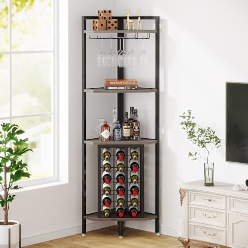 Warmiehomy Corner Wine Rack Free Standing Home Bar Drinks Cabinet for Living Room Kitchen Dining Room Office, Wooden Industrial 4-Tier Floor Wine Cabinet with 18 Wine Bottle Holder, Wine Glass Rack