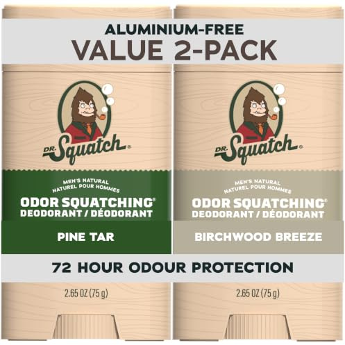 Dr. Squatch Natürliches Deodorant für Männer ohne Aluminium, mit Aktivkohle & Postbiotika für bis zu 72 Stunden Schutz vor Körpergeruch – Birchwood Breeze & Pine Tar, 75 g Deo Stick Herren (2er-Pack)