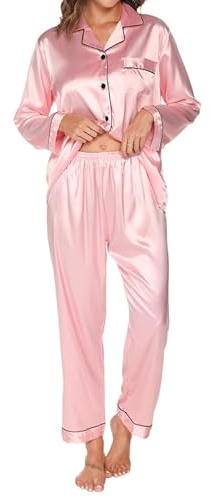 TeJoyce Pyjama Femme Satin Long, Deux Pièces Vêtements de Nuit Soie, Ensembles Manches Longues Chemise avec Boutons et Pantalon Assorti, Elegant et Luxe Loungewear pour Dormir S-XXL