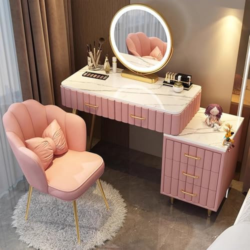 WANGXLGD Schminktisch Waschtisch mit beleuchtetem Spiegel Waschtisch-Set mit modernem Schreibtisch, weich gepolstertem Hocker, 5 Schubladen, 3 Farben Spiegel Helligkeit einstellbar (Pink,100cm)