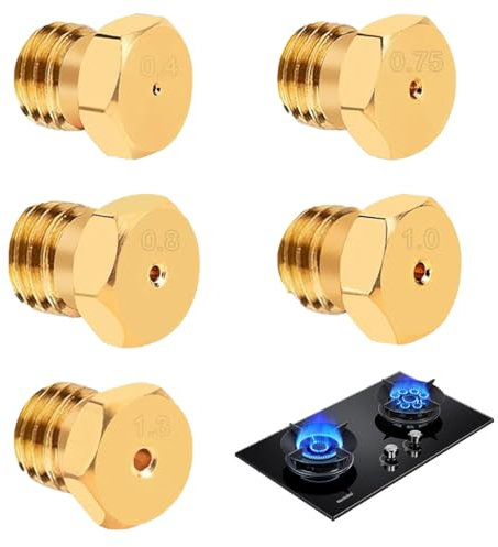 JEYORZY Lot de 5 Gicleur Gaz Butane, 1×0.4mm, 1×0.75mm, 1×0.8mm, 1×1.0mm, 1x1.3mm Gicleur Gaz Bouteille, Gicleur Gaz de Ville, Injecteur Gaz Butane, Buses et Injecteurs pour Bruleur Gaz Gaziniere Gaz