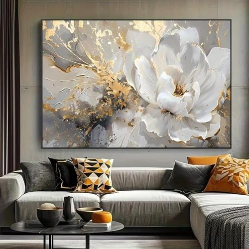 ZHAOLIN Grande impression florale moderne sur toile – Décoration murale élégante avec fleurs blanches et dorées pour salon, chambre, bureau, 80 x 120 cm, sans cadre