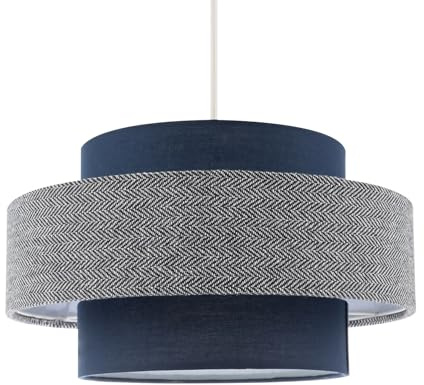 Modern and Sleek Navy Blue Herringbone Linen and Cotton Triple Tier Design Pendant Lamp Shade | 20cm x 30cm by Happy Homewares