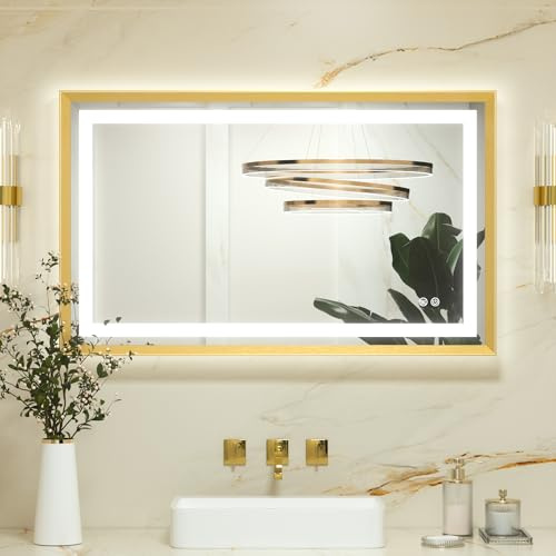 Keonjinn Badspiegel mit Beleuchtung Gold Metallrahmen 100x60cm, Badezimmerspiegel Beleuchtet Beschlagfrei Led Bad Spiegel mit Touch-Schalter, 3 Lichtfarben Dimmbar Speicherfunktion Wandspiegel