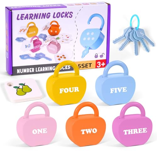 AOOSA 5 Set Learning Locks with Keys, Jouet De Verrouillage Et De Clé pour Enfant, Montessori Baby Keys Toy Ensemble pour Les Tout-Petits 3+, Number Matching Toys pour Développer La Motricité Fine