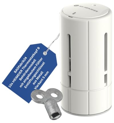 BADfabrik24 Thermostat-Kopf B Behördenmodell mit eingebautem Fühler + Entlüftungsschlüssel 5 mm Vierkant – 10er Set – präzise Heizkörper-Regelung, einfache Montage