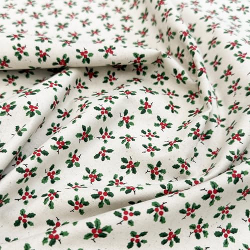 Christmas Fabric - Scandi Holly & Berry on Natural - Cotton Craft Fabric Material Metre