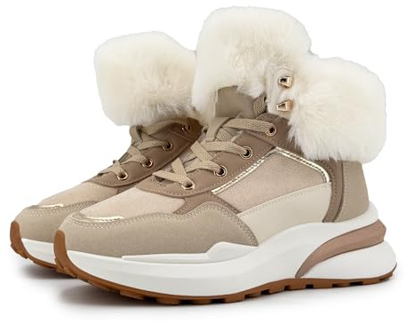 JOMIX Scarpe Invernali Donna Stivaletti Zeppa Sportivi Inverno con Pelliccia Morbida Stivali con Pelo Caldo Scamosciato Antiscivolo Leggera da Camminare per Città e Tempo Libero WFB255289 Beige 38