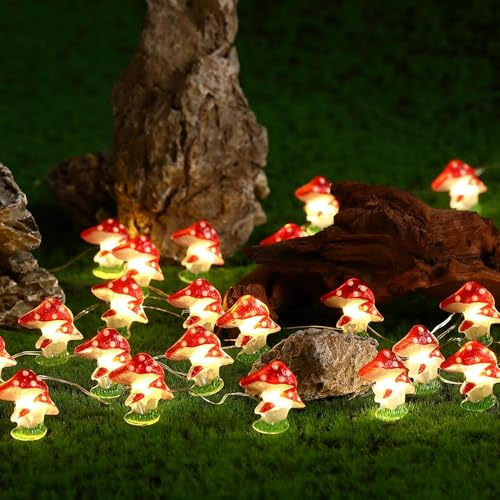 Pilz Lichterkette, 2M 20LED Pilze Lampe, Mushroom Lichterkette Batteriebetrie mit Timer, Leuchtpilze Lamp Pilz Deko, Warmweiß Fliegenpilz Lampe für Garten Schlafzimmer Weihnachten, Balkon, Hochzeit