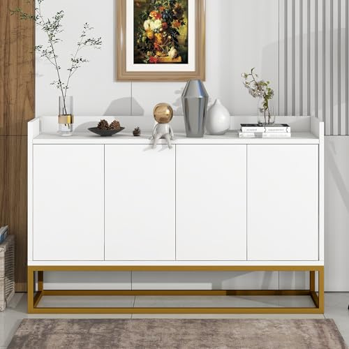 HUQIQWE Sideboard Weiss 120 cm, Buffetschrank Grifflose 4 Türen, Regal Mit Türen Mit Verstellbaren Böden, Schrank 30Cm Tief, Küchenbuffet Für Küche Esszimmer Wohnzimmer
