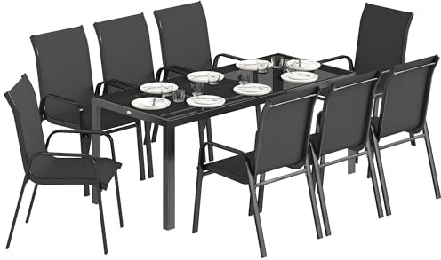 Outsunny Ensemble Table et chaises de Jardin 9 pièces, Ensemble de Salle à Manger d'extérieur avec Table en Verre trempé, 8 chaises empilables en textiline, Ensemble de mobilier de Jardin pour