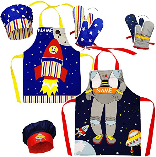 alles-meine.de GmbH 6 TLG. Set: Kinderschürze + Kochmütze + Topfhandschuh - Astronaut - Rakete - Raumschiff - Weltraum - UFO - inkl. Name - Größenverstellbar - 100% Baumwoll..