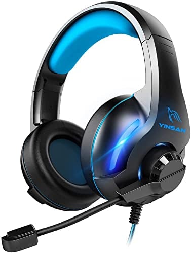 YINSAN Gaming Headset for PS5 PS4 Xbox Series X/S Nintendo Switch Xbox One PC, Wired Gaming Headphones with Stereo Surround Sound Noise Cancelling Mic One-key Mute Button, Blue - LED Lights