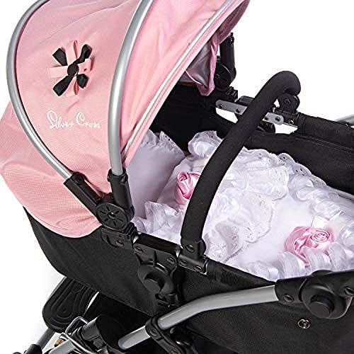 Roma Dolls Pram 2 Piece Bedding Set - Baby Doll Accessories with Quilted Apron & Padded Pillow, White & Pink Rose Design, Doll Accessories for Reborns, Compatible with Most Dolls Prams