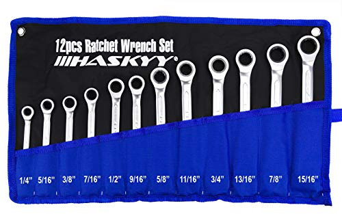 HASKYY - 12tlg-Zoll-Ratschenschlüssel-Satz-Set I 1/4-15/16 I Ringmaul Gabelschlüssel Ratschen Schlüssel INCH