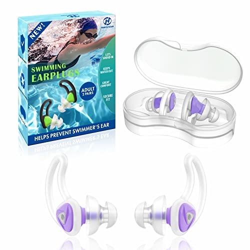 Hearprotek Swimming Ear Plugs Adults, 2 Pairs Silicone Waterproof Swim Earplugs Protection for Pool, Shower, Bath, Swim Water Sports Purple