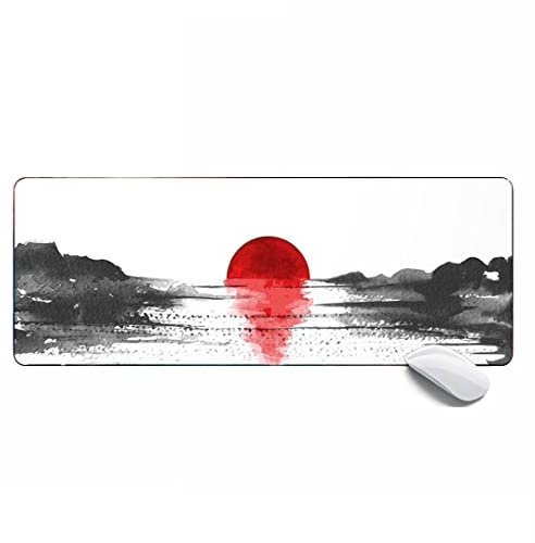 Pretty Mouse Pad Lake with Red Sun Japanese Ink Large Gaming Mouse Pad,Extended xl Mouse Mat Desk Pad 31.5x11.8x0.12IN,Stitched Edges Non Slip Mousepad for Computer,Office,Keyboard and Laptop