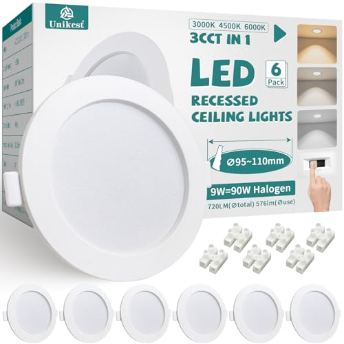 Unikcst 6er LED Einbaustrahler 230V 9W Deckenspots 3CCT Warmweiß Neutralweiß Kaltweiß 95-110mm EinbauØ LED Spot Weiß Rund 720LM Spots Deckenleuchte für Küche