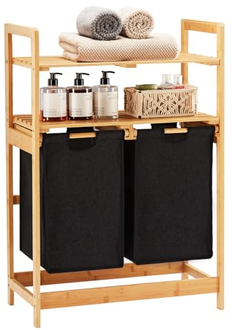 YOUDENOVA Wäschekorb aus Bambus-Gestell,Wäschesammler mit 2 Ablagen mit 2 Ausziehbaren Wäschesäcken für Schlafzimmer Bad oder Waschküche 93x64x33cm Schwarz