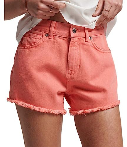 Superdry Damen Denim-Shorts mit hohem Bund Abendrot Korallrot 36