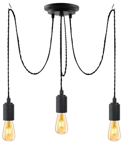 JIAHUA 3Lights Black Industrial Pendant Light Fitting,Multiple Spider Ceiling Pendant Lamp Chandelier with Adjustable 3M Twisted Braided Cable E27 Lamp Holder