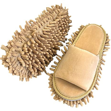 Volicph Pantuflas de microfibra con punta abierta, fregona de limpieza de piso, pantuflas de polvo desmontables, herramienta de limpieza, pantuflas de limpieza, A Beige., 2/4.5 UK