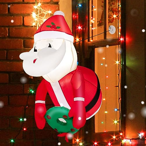COSTWAY Babbo Natale Gonfiabile da 100 cm Che Esce dalla Finestra, Decorazioni Natalizie Gonfiabili Appese alle Finestre con Luci LED Incorporate, per Feste, Interni, Esterni, Giardino