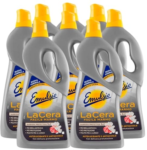 Emulsio La Cera Facile Marmo Autolucidante per Pavimenti e Superfici in Marmo e Graniglia Formula Professionale Barriera 3in1 Protezione Brillantezza e Pulizia - 8 Flaconi da 725ml