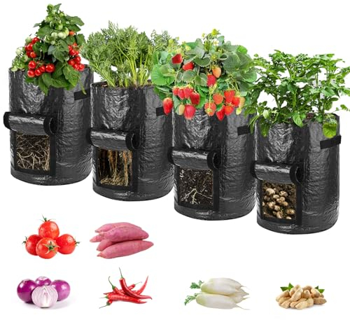 TSKDKIT 4 Stück 10 Gallonen Kartoffel Pflanzsack, Wiederverwendbar kartoffelsack mit Sichtfenster und Griffen, Kartoffeln Pflanzsäcke Atmungsaktiv für Tomaten,Kartoffeln, Pflanzen, Blumen - Schwarz