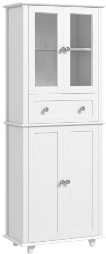 HOMCOM Alacena de Cocina Despensa Armario de Cocina con 2 Puertas de Vidrio Templado Cajón y Estantes Ajustables Aparador para Comedor 61x35x168,5 cm Blanco