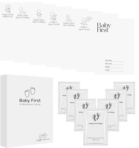 7 Stück Baby First Inklusiv Meilenstein Karten, Füße Neugeborenen Inklusiv Hand und Fußabdruck Kit, Baby monatlich Meilensteine Clean Touch Baby Handprint Kit（7 Wipe Beutel + 7 Papiere）